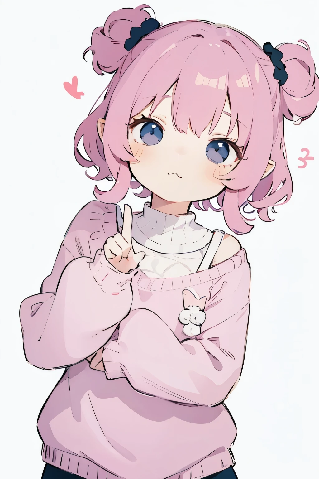 Shoulder sweater, Curly shorthair, hair scrunchie, Twin-tailed, kawaii pose、A face and pose that expresses deliciousness