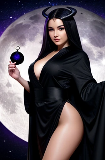 Young attractive goddess, black elegant robes, desirable body, clothed, hot, sexy, horny personality, oval face shape, twirling he hair in her finger, a black staff with a moon on it, illusion magic circling her, stands in the moonlight, with a succubus behind her, small cute black horns on her head, clothed in black robes, alluring