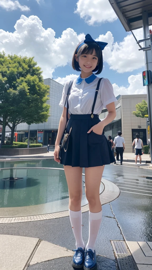 Japanese high school girl, brown eyes, smiling face, young face, black hair, bob cut, blue hairband, white short-sleeved blouse, blue ribbon decoration on collar, blue suspenders, blue miniskirt, black socks, blue shoes, entertainment district, blue sky and white cumulonimbus clouds, standing in front of the fountain square, wet sidewalk