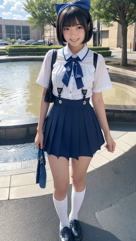 Japanese high school girl, brown eyes, smiling face, young face, black hair, bob cut, blue hairband, white short-sleeved blouse, blue ribbon decoration on collar, blue suspenders, blue miniskirt, black socks, blue shoes, entertainment district, blue sky and white cumulonimbus clouds, standing in front of the fountain square, wet sidewalk