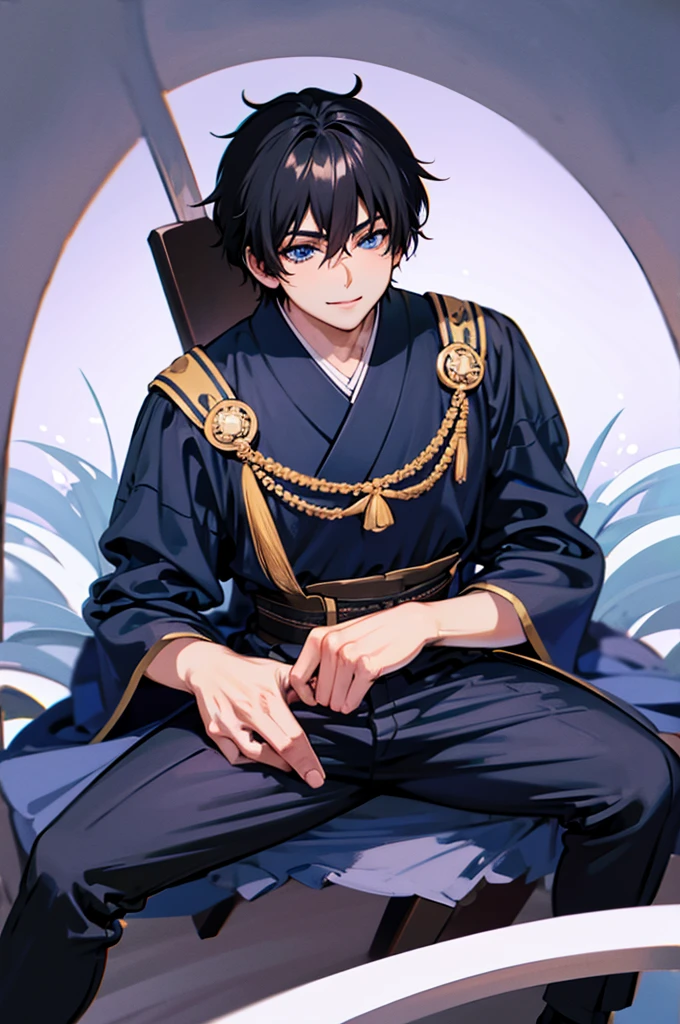 Detailed black hair boy, detailed blue eyes, smiling,wearing japan , seated