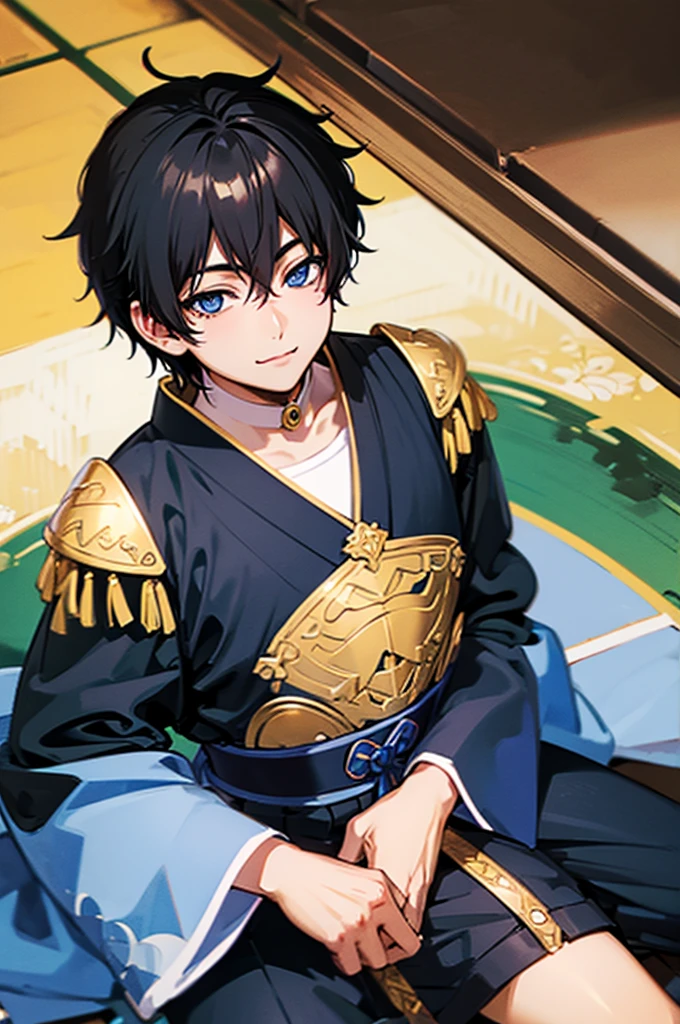 Detailed black hair boy, detailed blue eyes, smiling,wearing japan , seated 