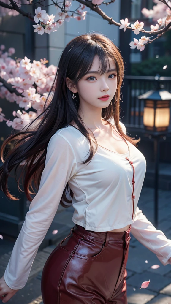 (Logo, masterpiece, 8K, On the table, RAW photos, wonderful, 最high quality, Photorealistic and hVery detailed CG integrated 8K wallpaper, high quality, Very detailed, Narrative Poems, Particle Effects, dynamic effect, Written border depth, light, lens flare, Ray Tracing)), fantasy, ((1 beautiful woman, Clear blue eyes, 赤いLong hair, Pretty Face, serious, Beautiful and delicate eyes, Beautiful skin)), 長い赤い髪がwindでなびく, 长长的红hair jump动, 長い赤い髪がwindで踊る, hair jump, camisole, Red leather pants, Red leather jacket, Silver earrings, ((night, wind, dark, Full Moon, night空, wind, Cherry blossoms, Cherry blossomsの花びらが舞っている, Cherry blossoms吹雪, Falling Flowers, Flying petals)), Hips up, beautiful eyes, Long hair, ringed eyes, Jewelry, Tattoo, Hanfu, Chinese Fairy, Taoist costumes