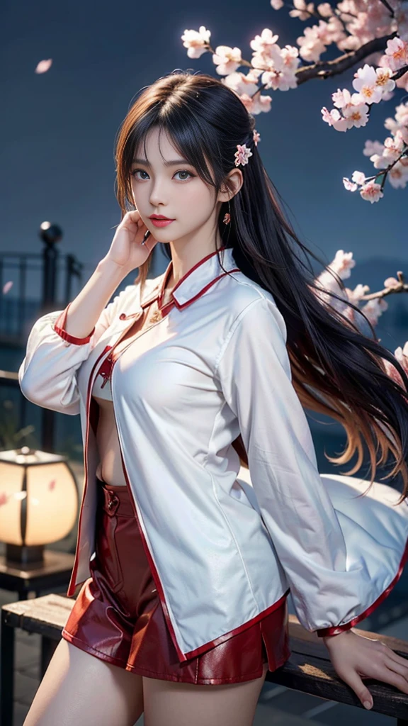 (Logo, masterpiece, 8K, On the table, RAW photos, wonderful, 最high quality, Photorealistic and hVery detailed CG integrated 8K wallpaper, high quality, Very detailed, Narrative Poems, Particle Effects, dynamic effect, Written border depth, light, lens flare, Ray Tracing)), fantasy, ((1 beautiful woman, Clear blue eyes, 赤いLong hair, Pretty Face, serious, Beautiful and delicate eyes, Beautiful skin)), 長い赤い髪がwindでなびく, 长长的红hair jump动, 長い赤い髪がwindで踊る, hair jump, camisole, Red leather pants, Red leather jacket, Silver earrings, ((night, wind, dark, Full Moon, night空, wind, Cherry blossoms, Cherry blossomsの花びらが舞っている, Cherry blossoms吹雪, Falling Flowers, Flying petals)), Hips up, beautiful eyes, Long hair, ringed eyes, Jewelry, Tattoo, Hanfu, Chinese Fairy, Taoist costumes