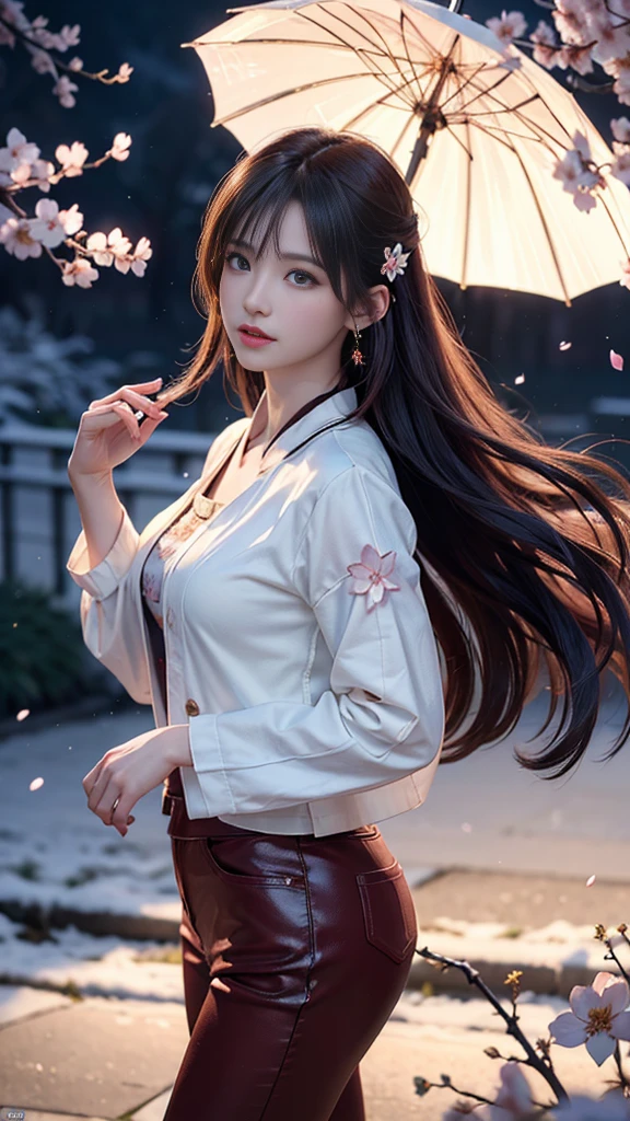 (Logo, masterpiece, 8K, On the table, RAW photos, wonderful, 最high quality, Photorealistic and hVery detailed CG integrated 8K wallpaper, high quality, Very detailed, Narrative Poems, Particle Effects, dynamic effect, Written border depth, light, lens flare, Ray Tracing)), fantasy, ((1 beautiful woman, Clear blue eyes, 赤いLong hair, Pretty Face, serious, Beautiful and delicate eyes, Beautiful skin)), 長い赤い髪がwindでなびく, 长长的红hair jump动, 長い赤い髪がwindで踊る, hair jump, camisole, Red leather pants, Red leather jacket, Silver earrings, ((night, wind, dark, Full Moon, night空, wind, Cherry blossoms, Cherry blossomsの花びらが舞っている, Cherry blossoms吹雪, Falling Flowers, Flying petals)), Hips up, beautiful eyes, Long hair, ringed eyes, Jewelry, Tattoo, Hanfu, Chinese Fairy, Taoist costumes