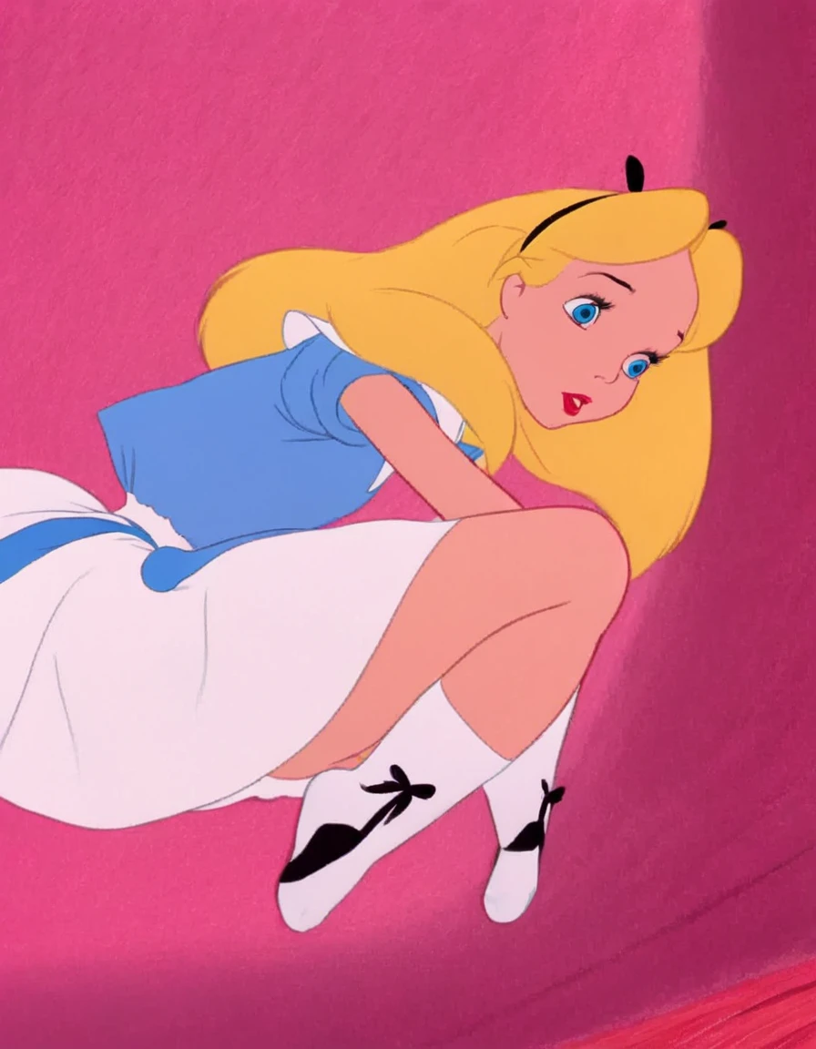 wxaliwonlan, 1girl, solo, long hair, blue eyes, blonde hair, alice, disney cartoon, masterpiece, best quality, upskirt view, full view, white panties, windy upskirt, looking down, legs together, standing, front view, view from below, ankle socks