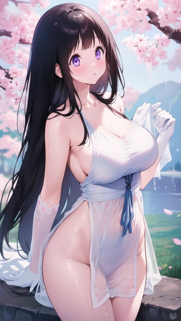 Amazing Chitanda, There is only one beautiful girl,Purple Eyes, Black Hair, Very red face,Very white skin,Glowing skin,Skin as delicate as porcelain,Naturally straight hair, Straight bangs,Extremely refined,Open lips,Long flowing hair,Beautiful Girl, Like a dream,Slim,Slim waist,Soft, (Sensual), (Kawaii), Dream quality,Beautiful big breasts,Sheer loose dress,Areola,Completely naked,Lower edge of breast,White gloves,Flower decoration,Deep V neckline,Loose neckline,White lace-up,Wide neckline,In school,look up,Place your hands on your inner thighs,Thighs clamp hands,Wet skin,Sweaty and sweaty,Sweating all over,it is raining,Next to the cherry blossom trees,Back to,Lean over,Hips,Side body,Gluteal groove,Completely naked的臀部,Bare back,Completely naked的背部,Light transmission,(no pants),nopan,pussy juice,Bare shoulders,There are no shoulder straps,Bare neck,Exposed collarbone,Exposing breasts,Exposing breasts侧面,Exposing breasts下面,Show your waist,Show your buttocks,Show your thighs,Exposing the groin,(No pants),extremely shy,Ultra-high resolution, (masterpiece:1.2, best quality), (Delicate and beautiful eyes: 1.2), (Beautiful and delicate face)