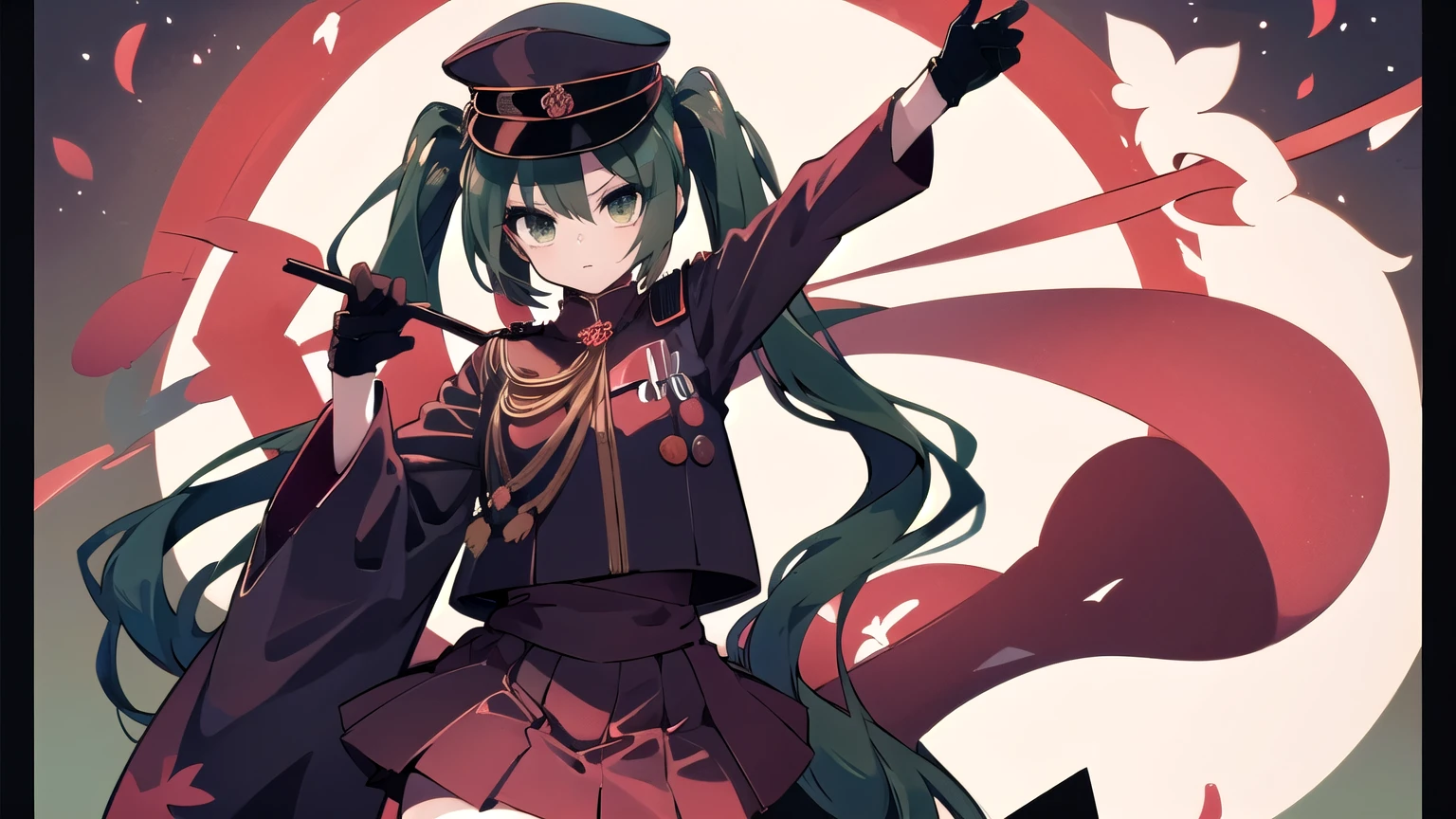 1girl,(solo:1.6),senbon-zakura_(vocaloid),senbonzakuramiku, green hair, twintails, peaked cap, green eyes,military uniform, red jacket, medal, long sleeves, wide sleeves, black gloves, half gloves, red skirt, red thighhighs,many Cherry Blossoms,old town of japan\((shadow puppet:1.5)\),dynamic angle,dynamic pose,cute,anatomiccaly correct body,background ray beam