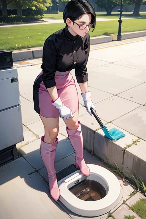 A mature woman with short black hair, slicked back and glasses, wearing long-sleeved work clothes and large pink rubber gloves and white rubber boots, cleaning a dirty toilet in a park