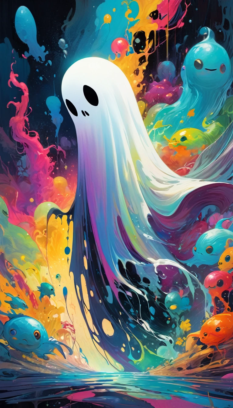a ghost, oil painting, pop art style, vibrant colors, dynamic composition, Skottie Young and Bill Sienkiewicz inspired, detailed textures, dramatic lighting, surreal elements, fantastical creatures, bold brushstrokes, striking contrast, whimsical atmosphere, dreamlike quality, (best quality,4k,8k,highres,masterpiece:1.2),ultra-detailed,(realistic,photorealistic,photo-realistic:1.37)