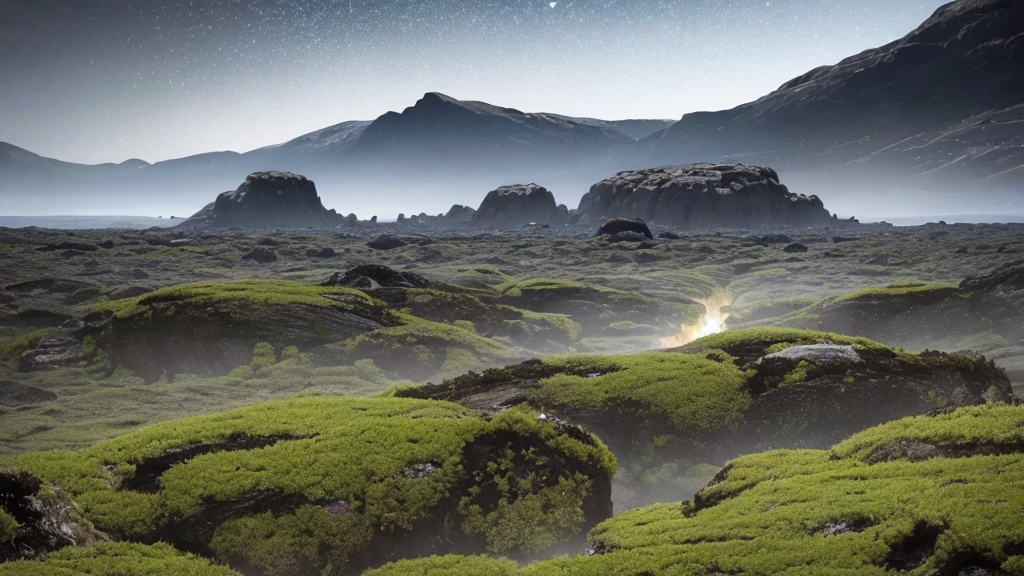 cosmic horror scene on an uninhabited planet unlike anything ever seen, vast vegetation and complex that resembles tentacles, rocks everywhere (large and small), dark gray sky, heavy clouds, mountains in the distance.
