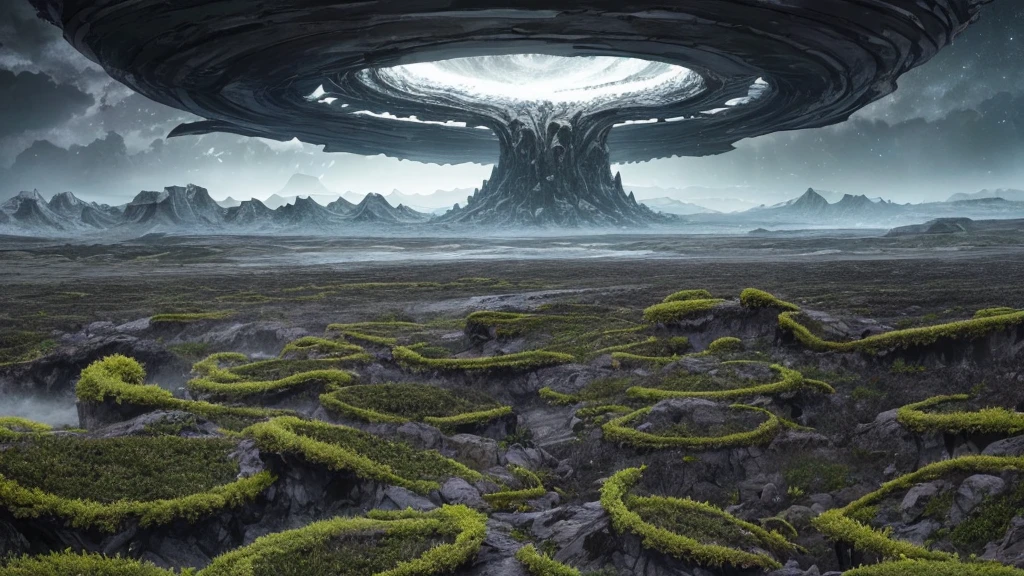 cosmic horror scene on an uninhabited planet unlike anything ever seen, vast vegetation and complex that resembles tentacles, rocks everywhere (large and small), dark gray sky, heavy clouds, mountains in the distance.