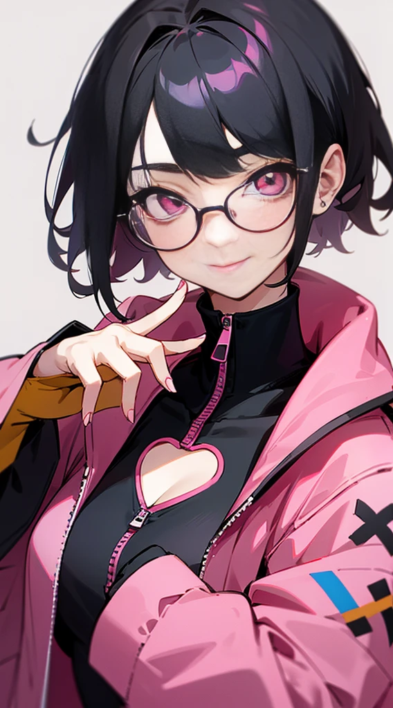 Top Quality, 8K, 4K, High Definition, Detail, (better-quality, 8K, 12), top-quality, 1 girl、only showing her face, she has Black hair, wearing a yellow pin on her right side of her hair, she has her hands together, she looking at you, she is smiling at you, medium breast, her jacket color dark gray with a pink zipper, pink eyes, showing her face and chesat, short hair long as her neck, (only showing half of her body) her jacket is loose. she is wearing earing only right ear shaped has a heart, she has her hand up making a pose, get closer to see up close of her face, she making a pose, she making pose her finger, wearing glasses, japanses face, had smile,