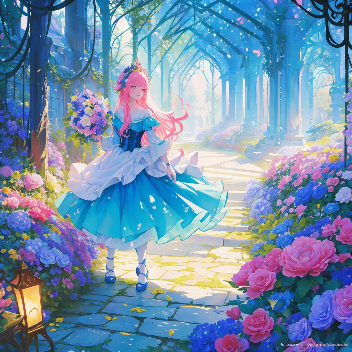 florals ，Colorful flowers ，background are the flowers，Surrounded by flowers，Seamless design，Fantasy Forest, neonlight, Realistic, Glow，Manhwa Style, Paint with vivid watercolors ,extremely detaile, highly detailed, tmasterpiece, Fairy tale background, in wonderland, Dynamic colors, Fairytale glow, 