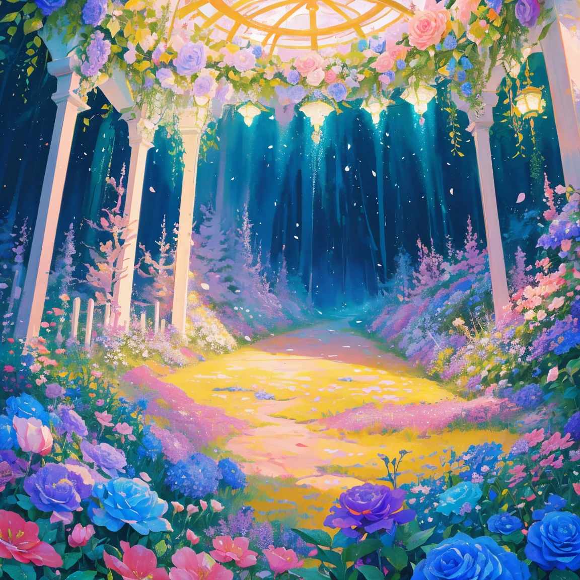 florals ,Colorful flowers ,background are the flowers,Surrounded by flowers,Seamless design,Fantasy Forest, neonlight, Realistic, Glow,Manhwa Style, Paint with vivid watercolors ,extremely detaile, highly detailed, tmasterpiece, Fairy tale background, in wonderland, Dynamic colors, Fairytale glow,