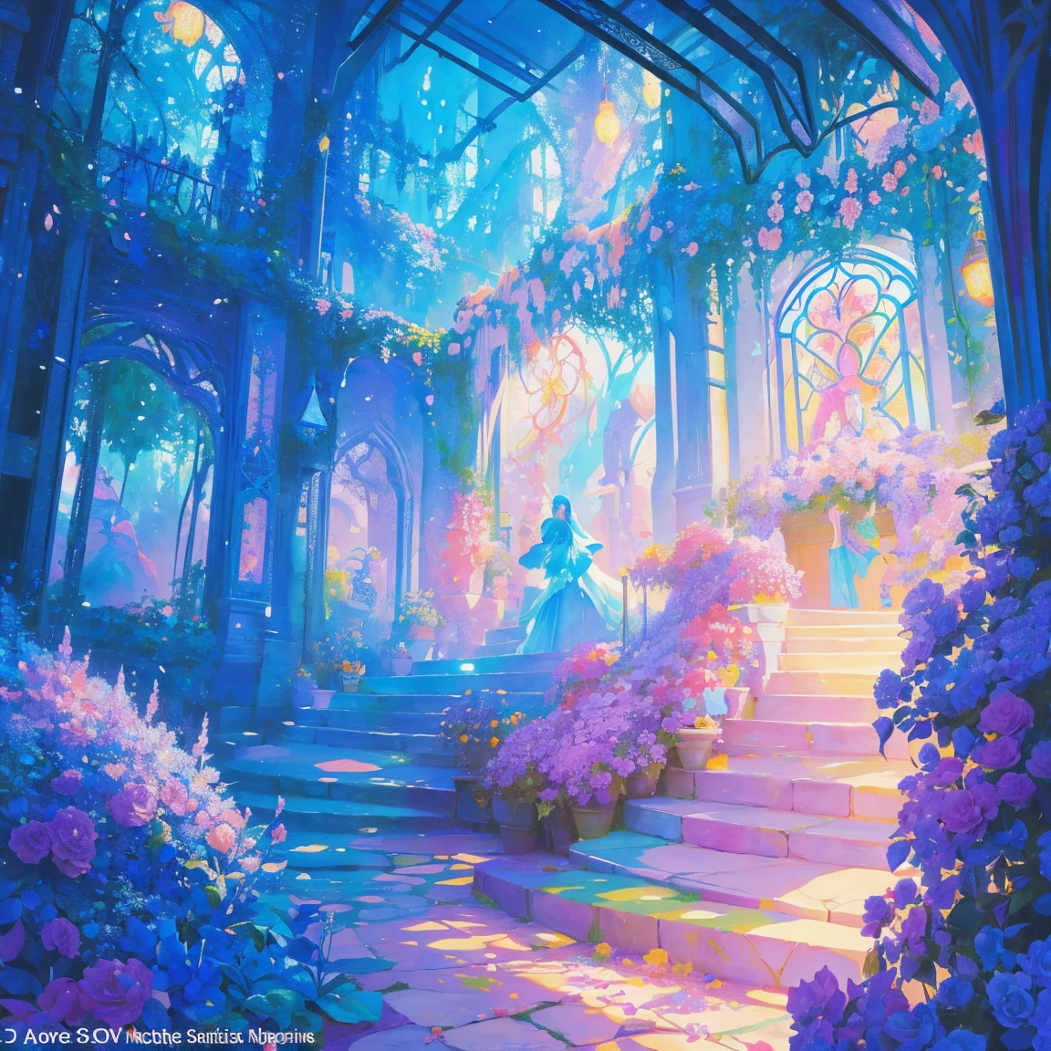 florals ,Colorful flowers ,background are the flowers,Surrounded by flowers,Seamless design,Fantasy Forest, neonlight, Realistic, Glow,Manhwa Style, Paint with vivid watercolors ,extremely detaile, highly detailed, tmasterpiece, Fairy tale background, in wonderland, Dynamic colors, Fairytale glow,