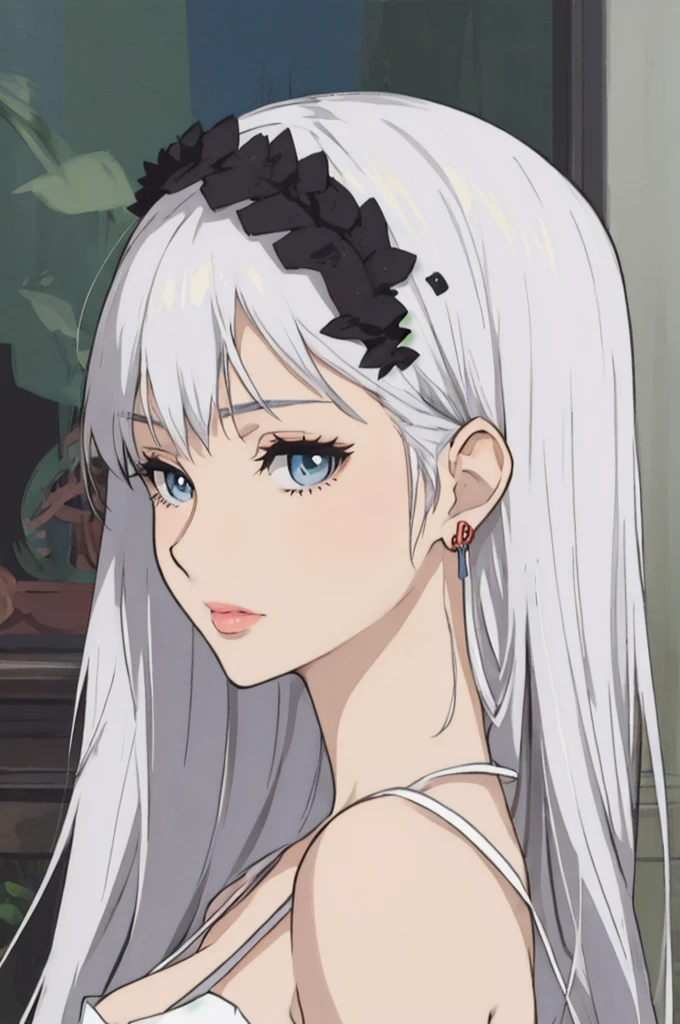 anime style, woman with long white hair, blue eyes, she wears a noble's elegant dress, lips, portrait,