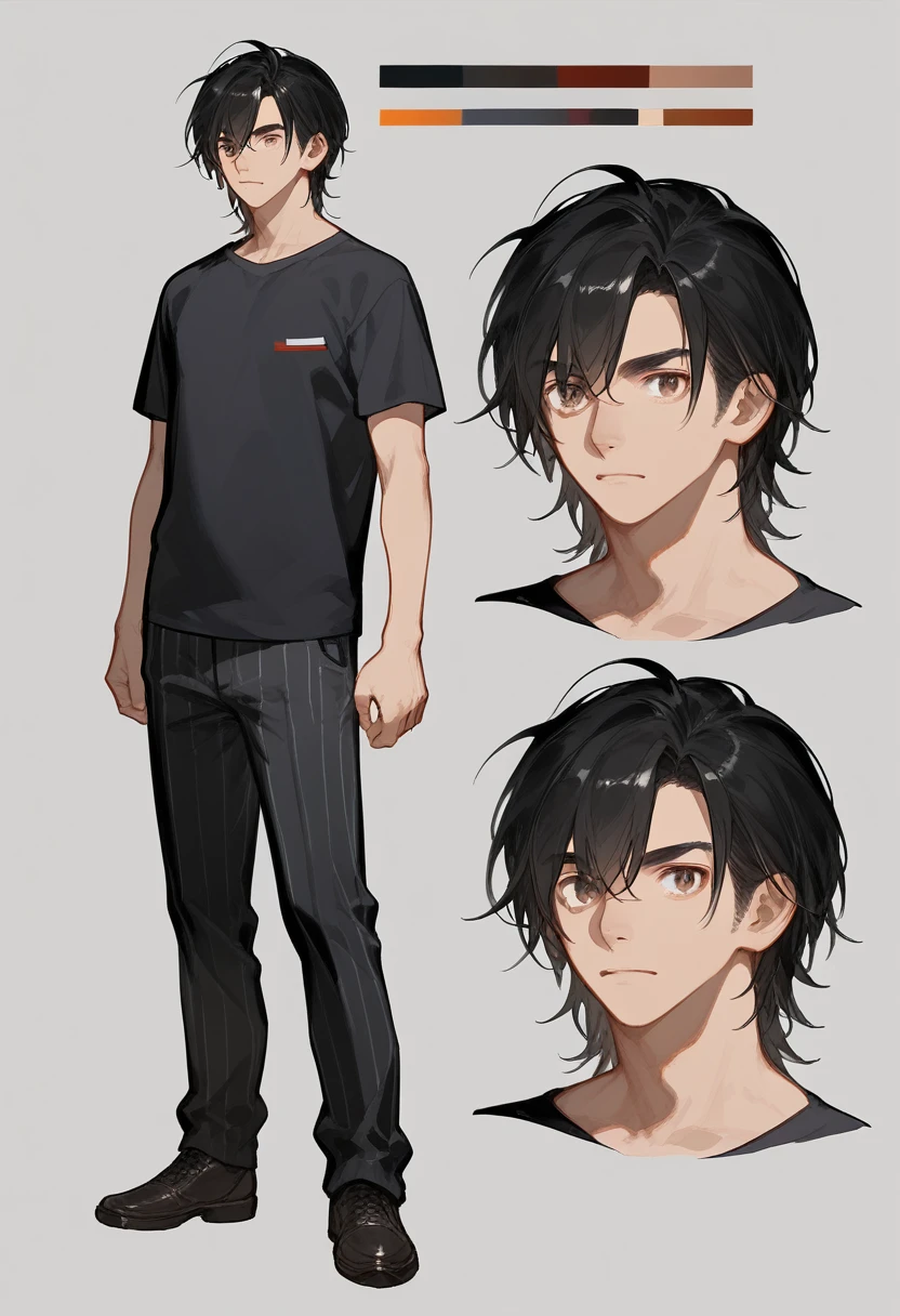 (character sheet:1.2),a 20 years old boy ,black hair, wearing a t-shirt and pant,line art ,,character sheet detailed, T-pose detailed ,anime studio Style, standard quality,3 different angles, highly detailed body parts.,simple background,