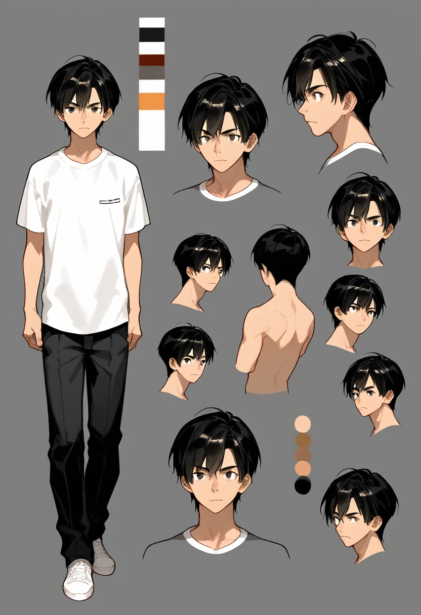 (character sheet:1.2),a 20 years old boy ,black hair, wearing a t-shirt and pant,line art ,,character sheet detailed, T-pose detailed ,anime studio Style, standard quality,3 different angles, highly detailed body parts.,simple background,