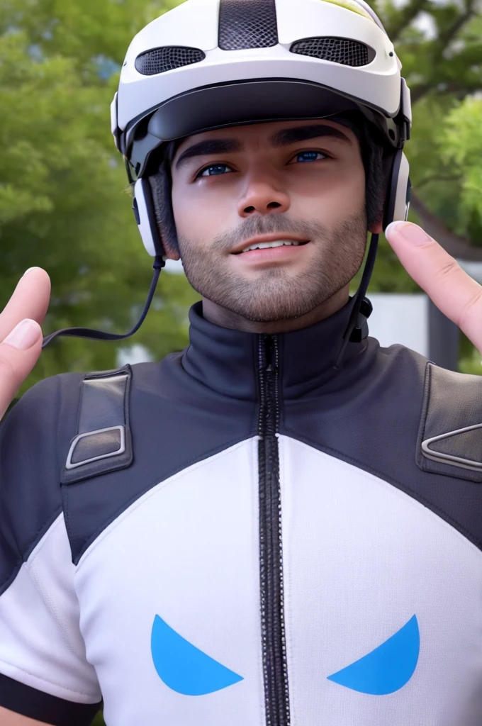 create for me the outside point of view of someone using a VR headset, you have to show the interfaces that it sees, comme par exemple le fait Tony Parker. The image must be of high quality and the helmet wearer is a 25 year old man, brun, with blue eyes
