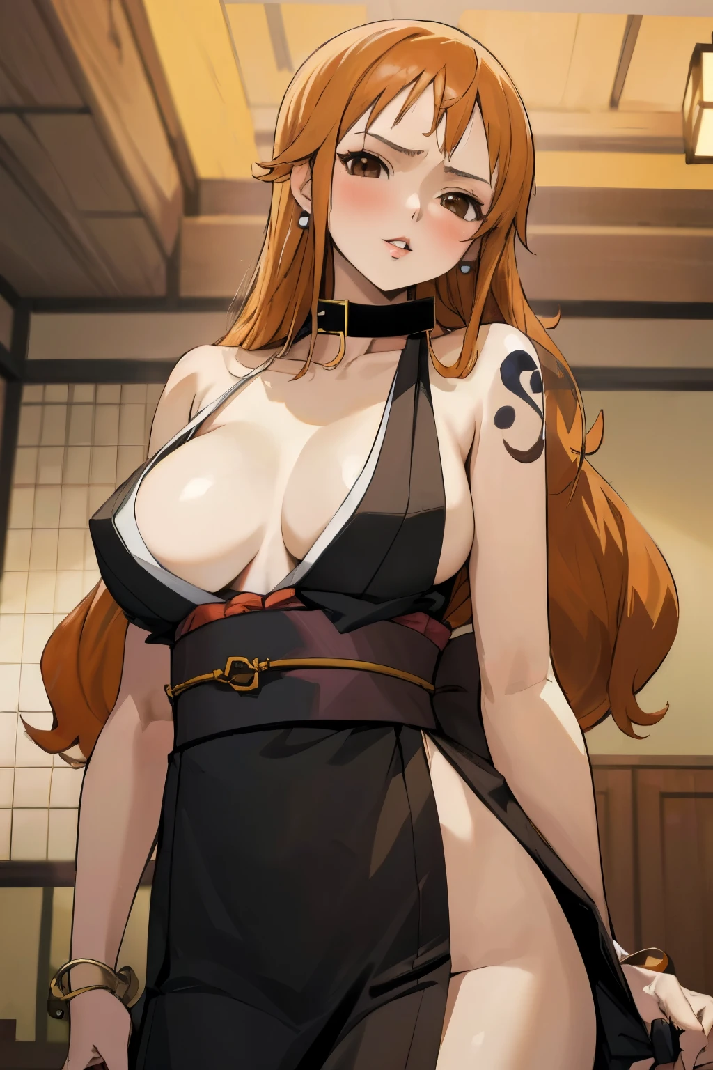 masterpiece, best quality, ultra-detailed, 1girl (namiop, Big and pretty breasts, , jewelry, earrings, dog collar, orange hair,long hair, brown eyes), a come-hither face, parted lips, makeup, glow lips, facing viewer, looking at viewer, solo, kimono, japanese clothes, wanostyle, night time, in the livingroom, standing, Sexy waist teasing, , from_below