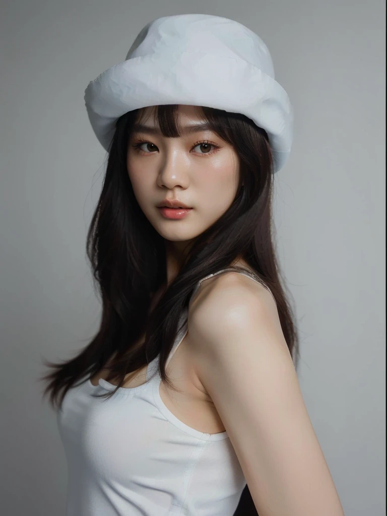 a close up of a woman wearing a white hat and a white tank top, beautiful south korean woman, korean girl, gorgeous young korean woman, beautiful young korean woman, korean woman, gorgeous chinese model, xintong chen, a young asian woman, japanese model, white bangs, xision wu, chinese girl, ig model | artgerm, beautiful asian girl