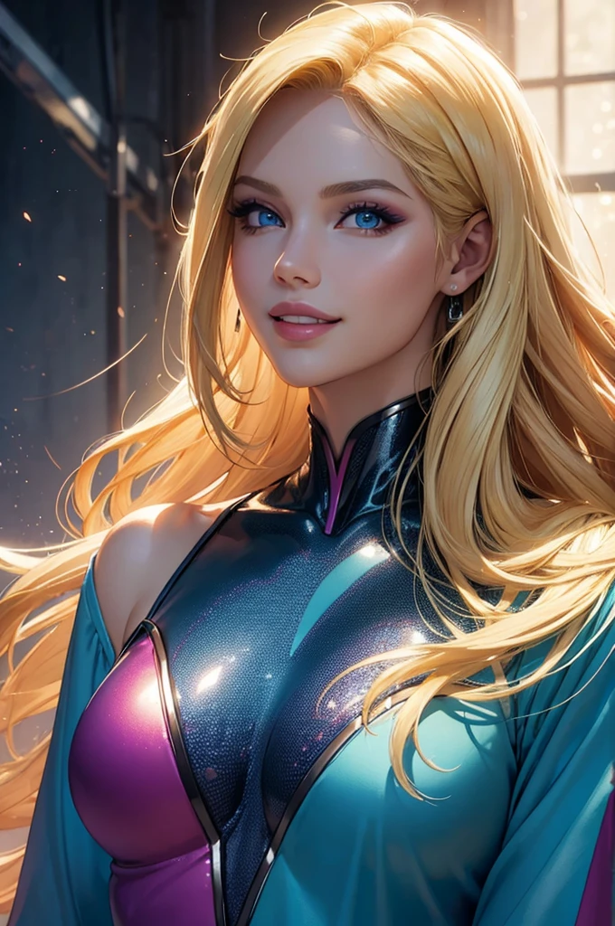 (best qualityer,ultra detali,photorrealistic:1.37),bright and vibrant colors,studio lighting,Playful expression,stylish make up,long blonde hair flowing in the wind,Eyes seductive,Glossy lips,pose sexy, x-men, 2099, smiling confidently and seductively,Posing for a professional photo shoot,Shallow depth of field,highlighting the main topic,soft natural lighting,Creating a dreamy and magical atmosphere.