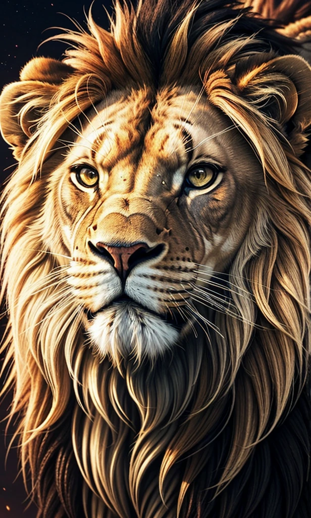 Lion, Divine Lion, naturals, naturals, ferocious, masculine, mighty, golden lion, thunderstorm, fire rays, Photorealistic Lion, 4K PhotoRealism, energy, Powerful Lion, beautiful nature, Great Realistic Lion, FullHD 8K, Light of sky, sunset night, Clear sky Sun, Black Golden, black andwhite, black and gold, detailed realistic face, 8K Detailed Realistic White Lion, Ultrarealistic 8k |, Energia de thunder realista detalhada, Strong Creature realista detalhada, Strong Creature, Lion macho, Rendering, Fotorrealista 8K, UltraHD Alta definição 8K, Detailed Realistic 16K, Nitidez Fotorrealista 8K, 16K photorealistic textures, Contraste Fotorrealista 8K, Sombras Fotorrealistas 8K, Luzes Fotorrealistas 8K, Detailed realistic sunset, Detailed Realistic Lion Face, Detailed realistic light, detailed textures, thunder, detailed shadows, detailed colors, Celestial Electricity, Golden thunder, Lion realista, Ultra Realistic 16K, Realistic 16K, Realistic 16K sharpness, 16K photorealistic textures, 16K realistic colors, powerful creature, Majestic power, Power of Heaven, Great Divine, detailed contrast, realistic contrast, high resolution, detailed colors, fire, villany, divine creature, 8K, realistic detailed, 16K, 8K, High definition, detailed contrast, realistic contrast, high resolution, detailed colors, fire, villany, divine creature, realistic detailed, chic, posh