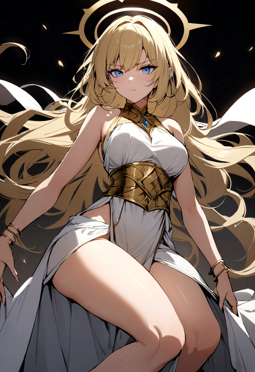 Create a beautiful woman with blue eyes and blonde hair, she white tunic, with gold bracelets, and a golden halo of energy over your head, she has a beautiful body with medium breasts and thighs too, at the waist there is a golden belt, seductive body and a serious look, your white tunic covers your legs 