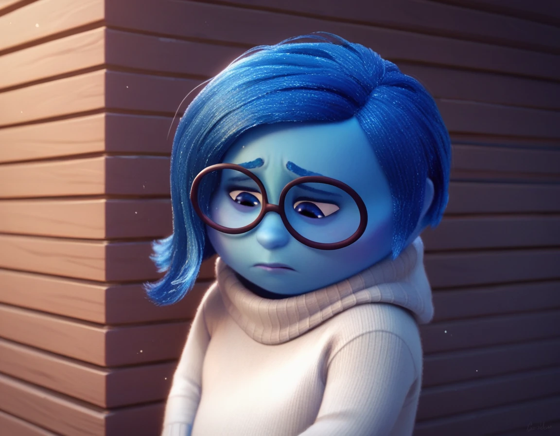 SadnessEmotion, Glowing, Glasses, Blue skin, Blue hair, crestfallen, sad looking down, masterpiece, best quality