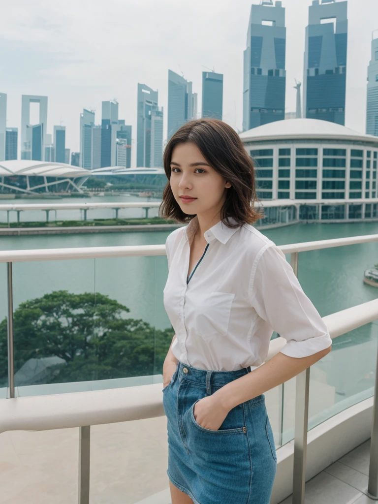 her name is Amelie, high quality, 1girl, ((20-year-old fit Caucasian woman)), ((20 years old)), ((fit)), ((Wavy Bob)), pose: standing, wearing stylish fashionable Generation-Z modern wear colored, BACKGROUND:"In the futuristic interior of Marina Bay Sands, with its infinity pool overlooking the skyline, high-end shops, and the SkyPark observation deck."
