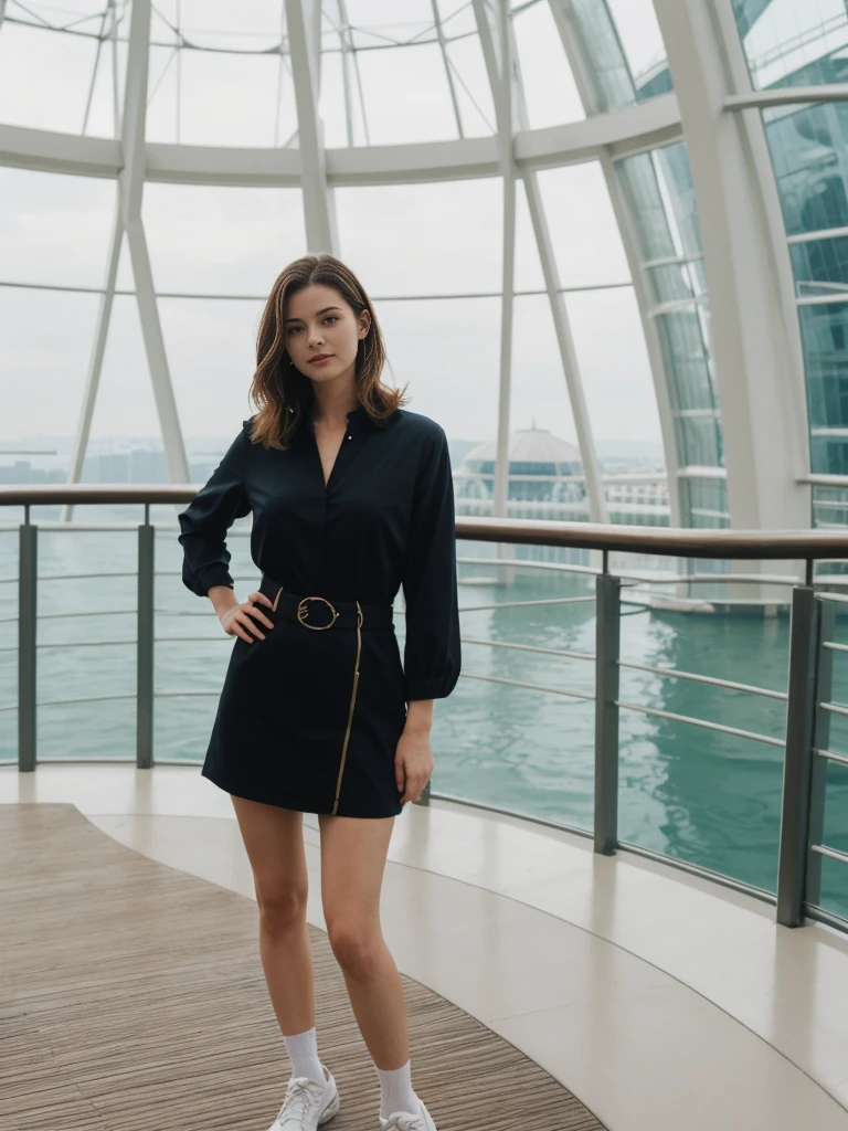 her name is Amelie, high quality, 1girl, ((20-year-old fit Caucasian woman)), ((20 years old)), ((fit)), ((Wavy Bob)), pose: standing, wearing stylish fashionable Generation-Z modern wear colored, BACKGROUND:"In the futuristic interior of Marina Bay Sands, with its infinity pool overlooking the skyline, high-end shops, and the SkyPark observation deck."