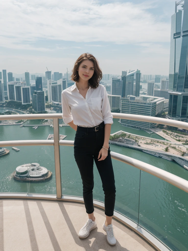 her name is Amelie, high quality, 1girl, ((20-year-old fit Caucasian woman)), ((20 years old)), ((fit)), ((Wavy Bob)), pose: standing, wearing stylish fashionable Generation-Z modern wear colored, BACKGROUND:"In the futuristic interior of Marina Bay Sands, with its infinity pool overlooking the skyline, high-end shops, and the SkyPark observation deck."