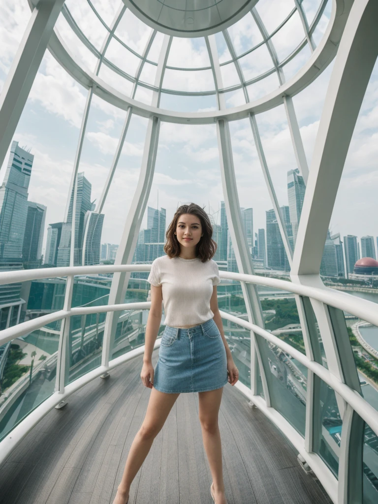 her name is Amelie, high quality, 1girl, ((20-year-old fit Caucasian woman)), ((20 years old)), ((fit)), ((Wavy Bob)), pose: standing, wearing stylish fashionable Generation-Z modern wear colored, BACKGROUND:"In the futuristic interior of Marina Bay Sands, with its infinity pool overlooking the skyline, high-end shops, and the SkyPark observation deck."