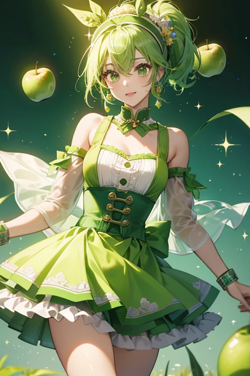 A green apple girl bear on a stick with a single leaf bow. Her lower half is dipped in glittery white chocolate. She has no mouth but squints her left eye. SPARKLE; GLITTER