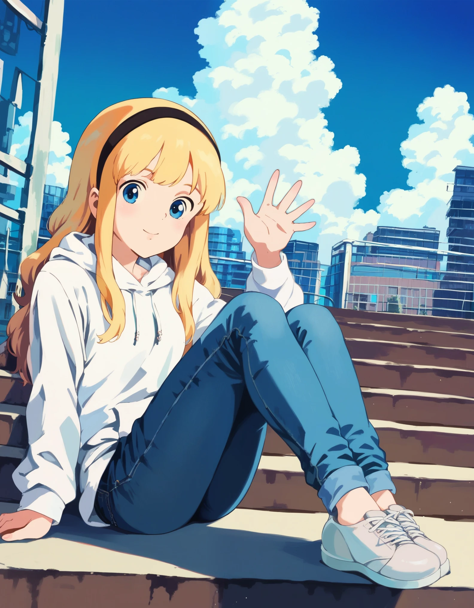 StudioGhibli, score_9, score_8_up, score_7_up, score_6_up, source_anime, 1girl, solo, blonde hair, blue eyes, long hair, black hairband, white hoodie, jeans, waving, looking at you, sitting, city, stairs, blue sky