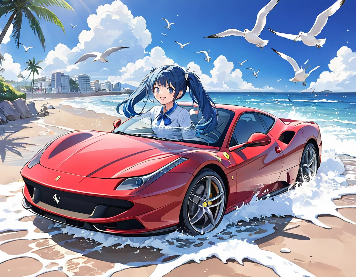 Drive along the beach in a Ferrari、Blue long hair、Beautiful girl with twin tails、Bigger in the center、Splash art that makes you feel the wind、Splash、blue sky、White cloud、Bright smile、Seagulls are flying