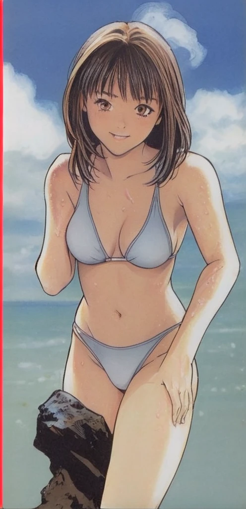 Iori is standing in a bikini, blushing, with her hands on her hips.。