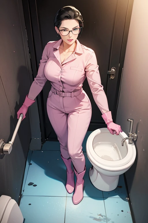 A mature woman with short black hair, slicked back, wearing blue long-sleeved jumpsuits and glasses, wearing large pink rubber gloves and white rubber boots, cleaning a dirty toilet in a park