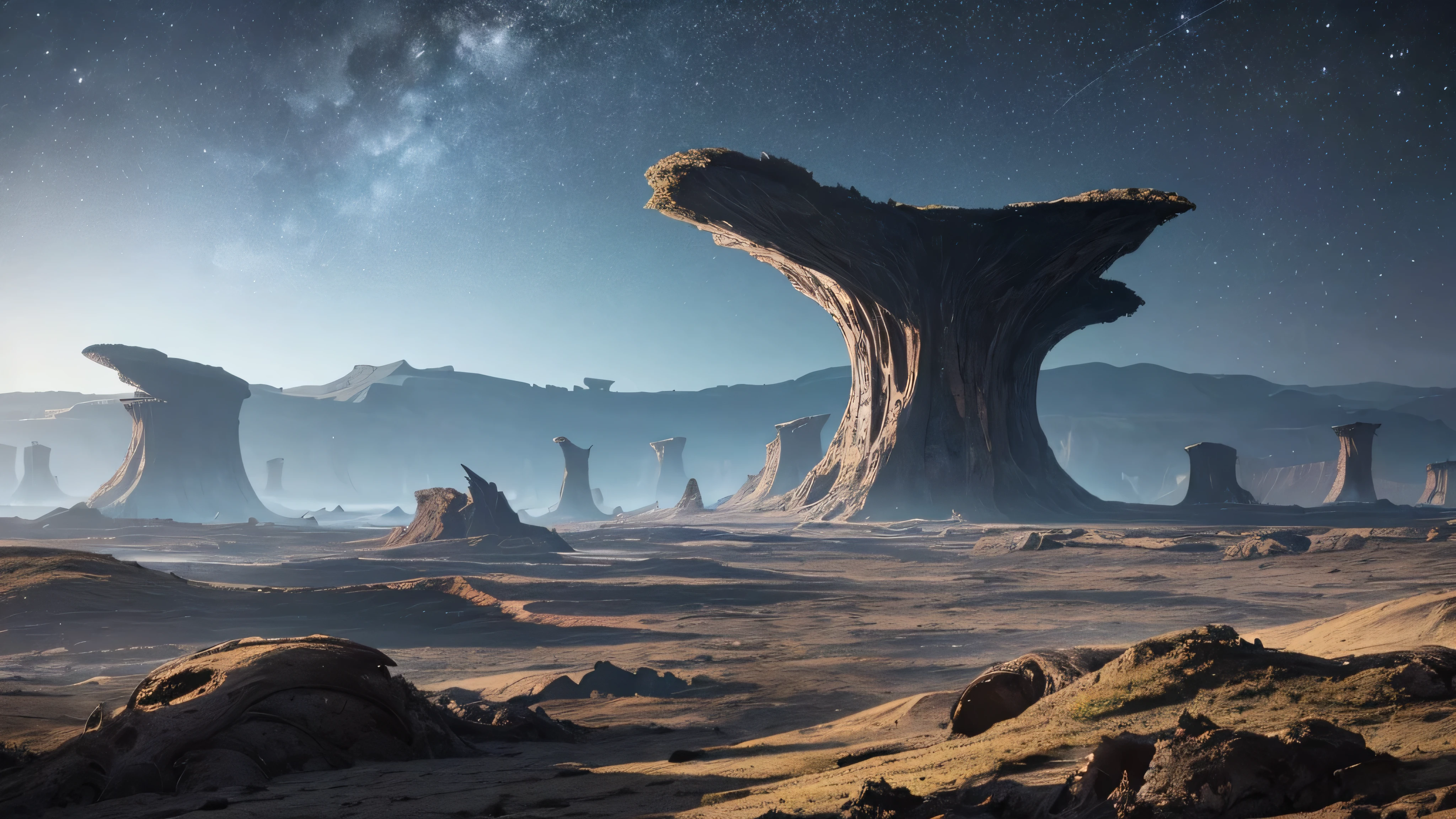 cosmic horror scene on an uninhabited planet unlike anything ever seen, vast vegetation and complex that resembles tentacles, rocks everywhere (large and small), dark gray sky, heavy clouds, mountains in the distance.
