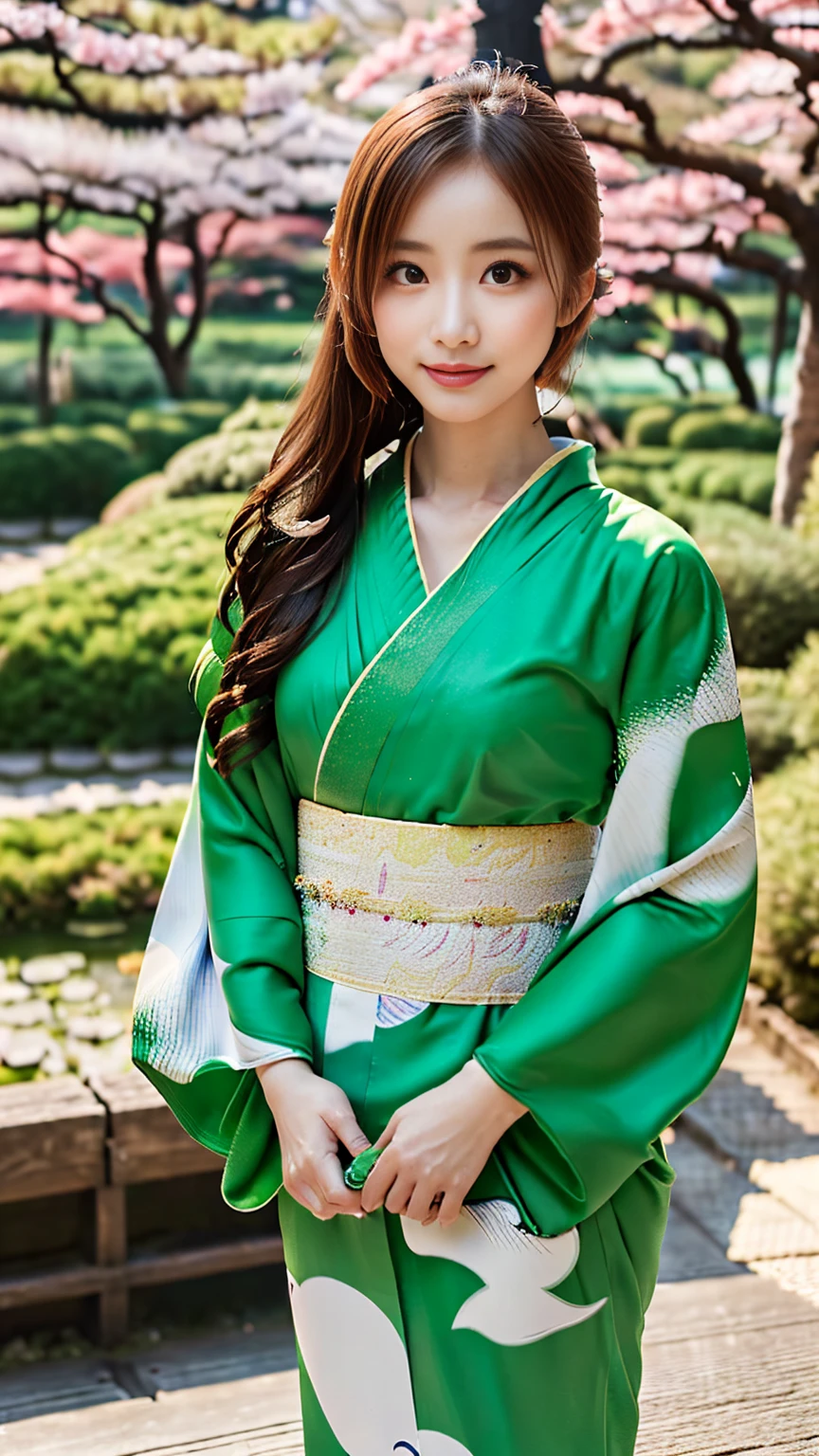 (((Regular dressing:1.5))),(Surreal), (High resolution), (8K), (Very detailed), (Best illustrations), (Beautifully detailed and sparkling eyes), (Highest quality), (Very detailedな), (masterpiece), (wallpaper), (Detailed face), (Beautiful smile)、(Beautiful expression)、One female、Looking into the camera、((Glamorous Body))、(((Japanese、Reality、Kenrokuen Garden、Japanese garden、Beautiful kimono、National treasure-class kimono,Thick kimono:1.5)))