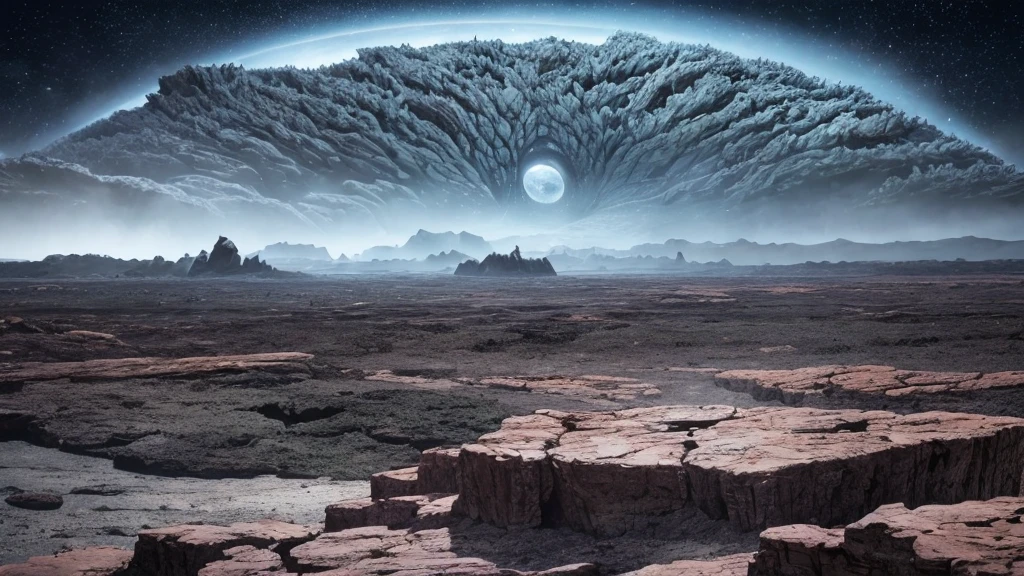 cosmic horror scene on an uninhabited planet unlike anything ever seen, vast vegetation and complex that resembles tentacles, rocks everywhere (large and small), dark gray sky, heavy clouds, mountains in the distance.