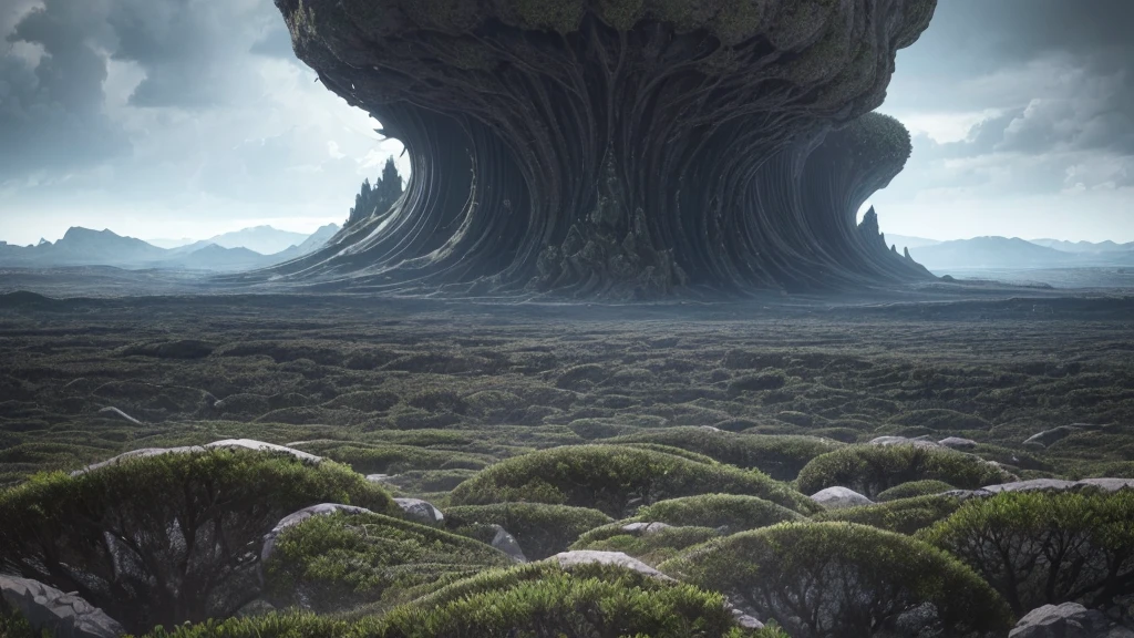 cosmic horror scene on an uninhabited planet unlike anything ever seen, vast vegetation and complex that resembles tentacles, rocks everywhere (large and small), dark gray sky, heavy clouds, mountains in the distance.