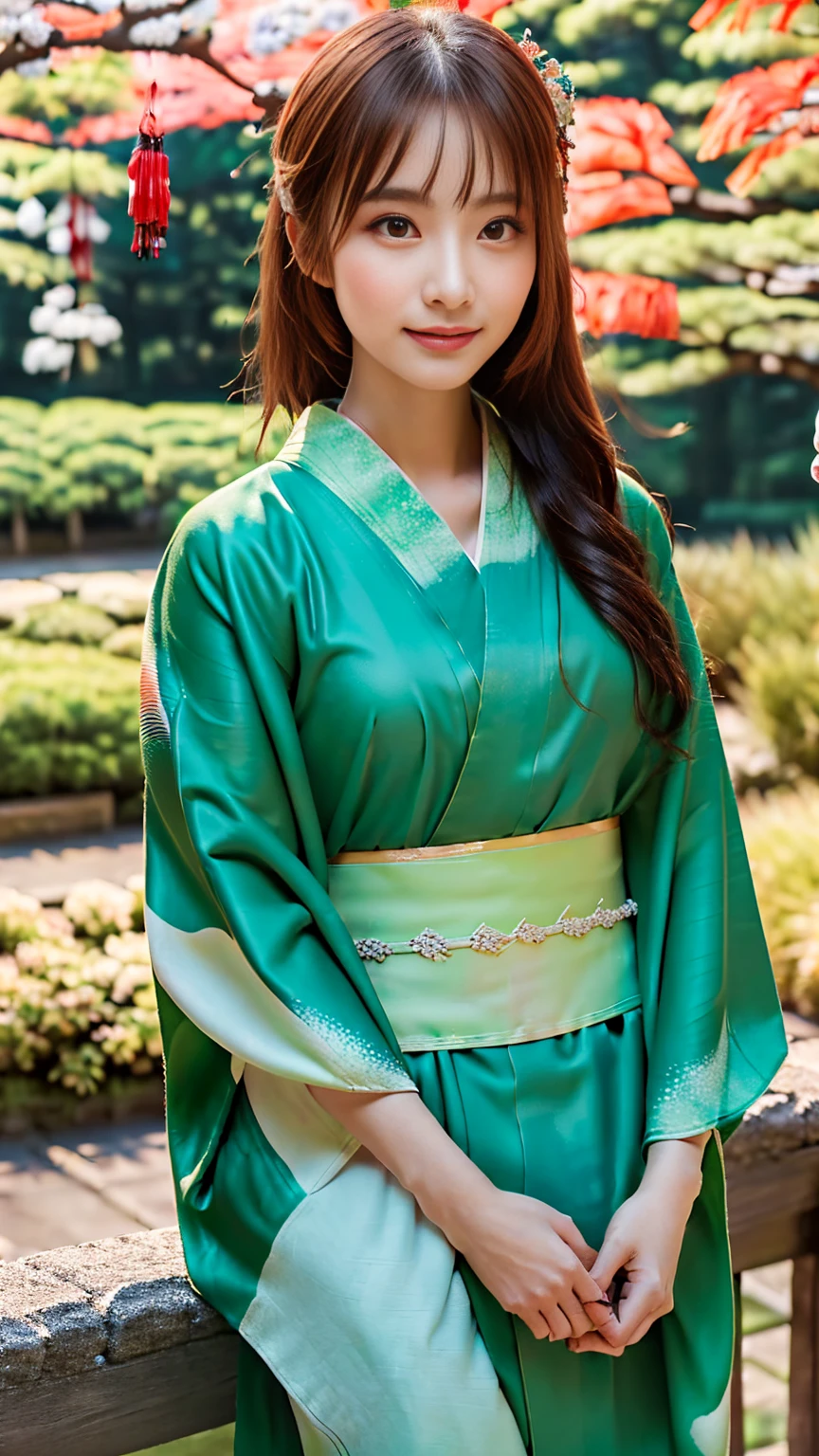 (((Regular dressing:1.5))),(Surreal), (High resolution), (8K), (Very detailed), (Best illustrations), (Beautifully detailed and sparkling eyes), (Highest quality), (Very detailedな), (masterpiece), (wallpaper), (Detailed face), (Beautiful smile)、(Beautiful expression)、One female、Looking into the camera、((Glamorous Body))、(((Japanese、Reality、Kenrokuen Garden、Japanese garden、Beautiful kimono、National treasure-class kimono,Thick kimono:1.5)))