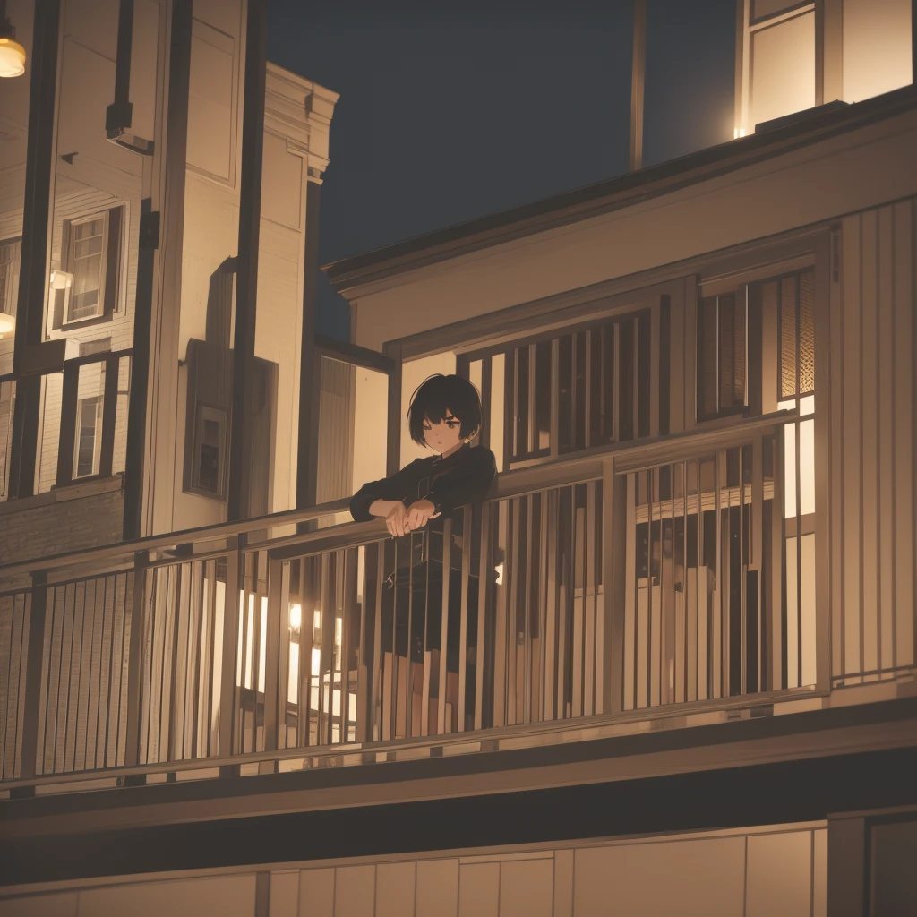 Girl with medium short black hair. At night on a balcony 