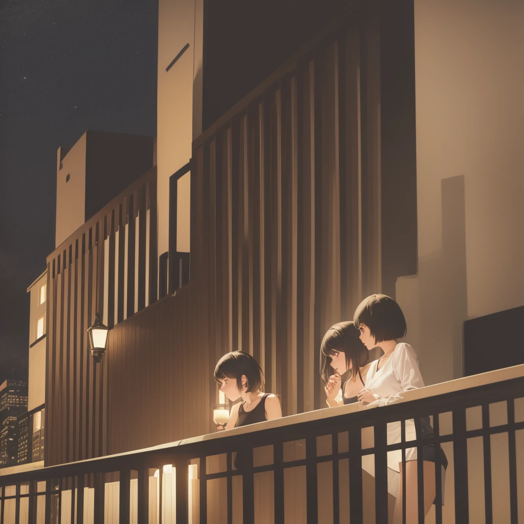 Girl with medium short black hair. At night on a balcony