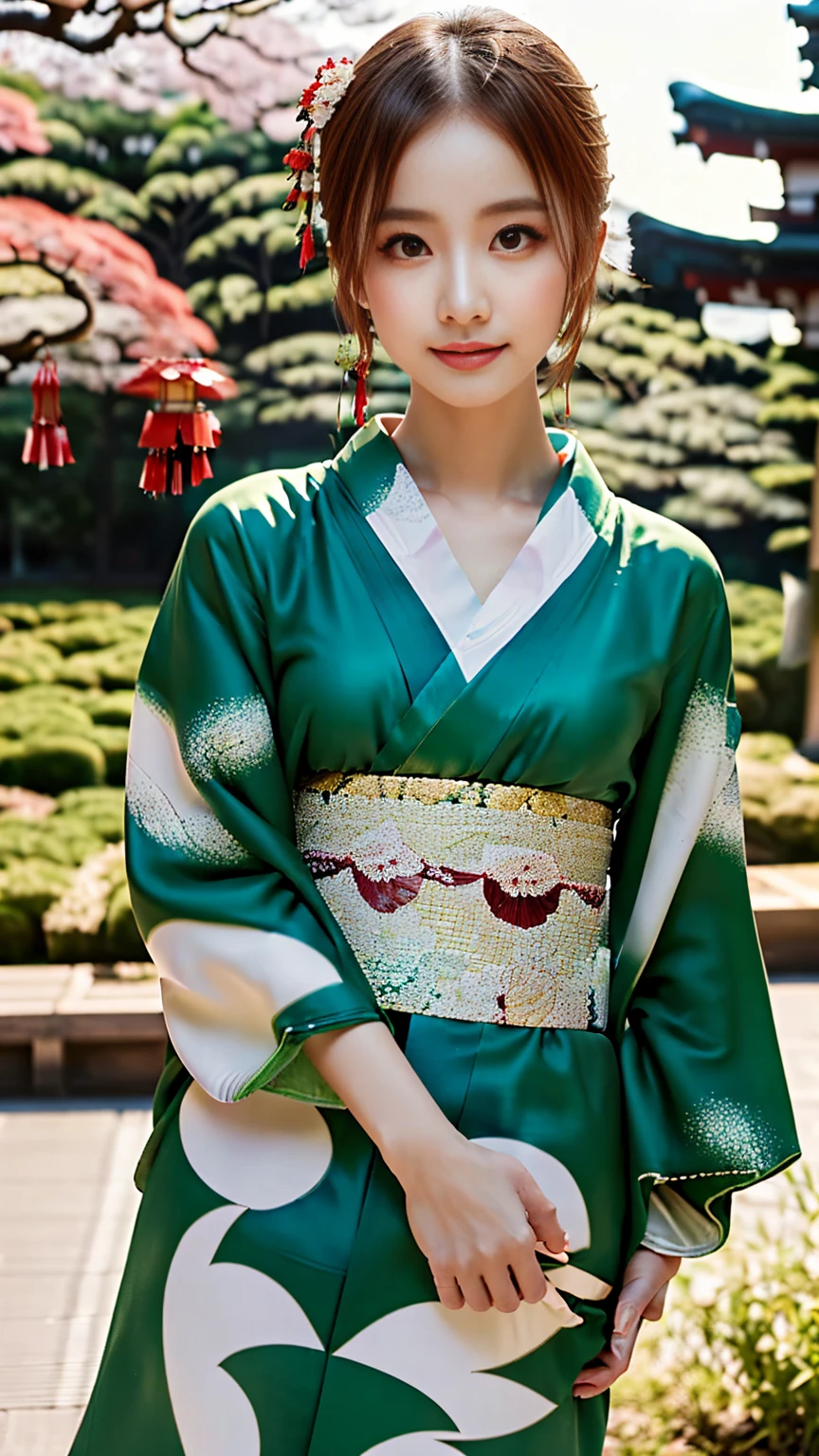 (((Regular dressing:1.5))),(Surreal), (High resolution), (8K), (Very detailed), (Best illustrations), (Beautifully detailed and sparkling eyes), (Highest quality), (Very detailedな), (masterpiece), (wallpaper), (Detailed face), (Beautiful smile)、(Beautiful expression)、One female、Looking into the camera、((Glamorous Body))、(((Japanese、Reality、Kenrokuen Garden、Japanese garden、Beautiful kimono、National treasure-class kimono,Thick kimono:1.5)))
