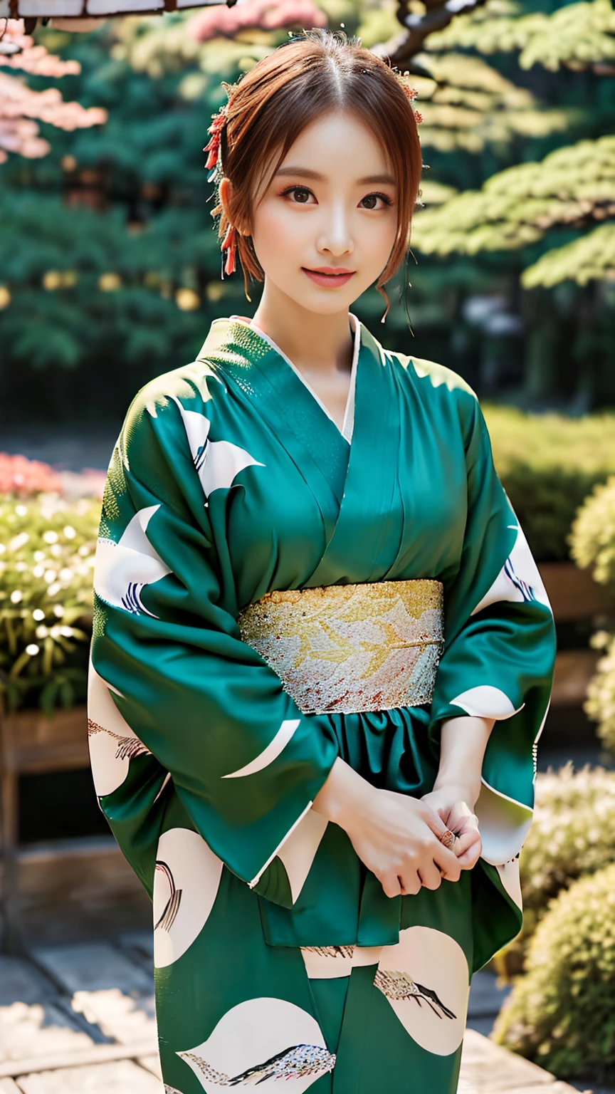 (((Regular dressing:1.5))),(Surreal), (High resolution), (8K), (Very detailed), (Best illustrations), (Beautifully detailed and sparkling eyes), (Highest quality), (Very detailedな), (masterpiece), (wallpaper), (Detailed face), (Beautiful smile)、(Beautiful expression)、One female、Looking into the camera、((Glamorous Body))、(((Japanese、Reality、Kenrokuen Garden、Japanese garden、Beautiful kimono、National treasure-class kimono,Thick kimono:1.5)))