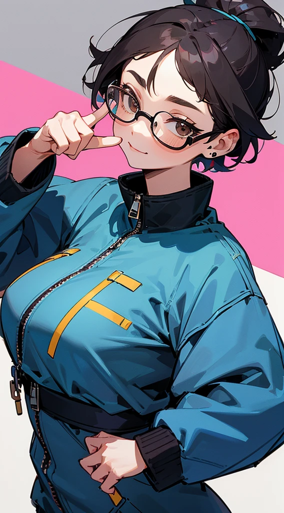 Top Quality, 8K, 4K, High Definition, Detail, (better-quality, 8K, 12), top-quality, 1 girl,only showing her face, she has Black hair, wearing a yellow pin on her right side of her hair, she has her hands together, she looking at you, she is smiling at you, medium breast, (her jacket color dark blue and light blue with a black zipper), brown eyes, showing her face and chesat, short hair long as her neck, (only showing half of her body) her jacket is loose. she is wearing earing only right ear shaped has a heart, she has her hand up making a pose, get closer to see up close of her face, she making a pose, she making pose her finger, she is wearing glasses, Japanese face, big , very embarrassment, blussing,
