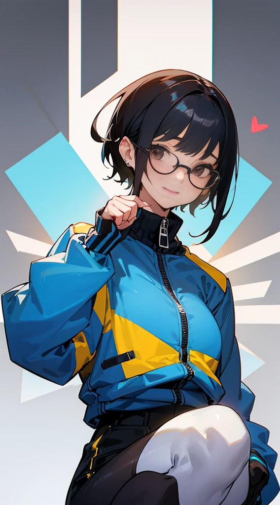 Top Quality, 8K, 4K, High Definition, Detail, (better-quality, 8K, 12), top-quality, 1 girl,only showing her face, she has Black hair, wearing a yellow pin on her right side of her hair, she has her hands together, she looking at you, she is smiling at you, medium breast, (her jacket color dark blue and light blue with a black zipper), brown eyes, showing her face and chesat, short hair long as her neck, (only showing half of her body) her jacket is loose. she is wearing earing only right ear shaped has a heart, she has her hand up making a pose, get closer to see up close of her face, she making a pose, she making pose her finger, she is wearing glasses, Japanese face, big , very embarrassment, blussing,